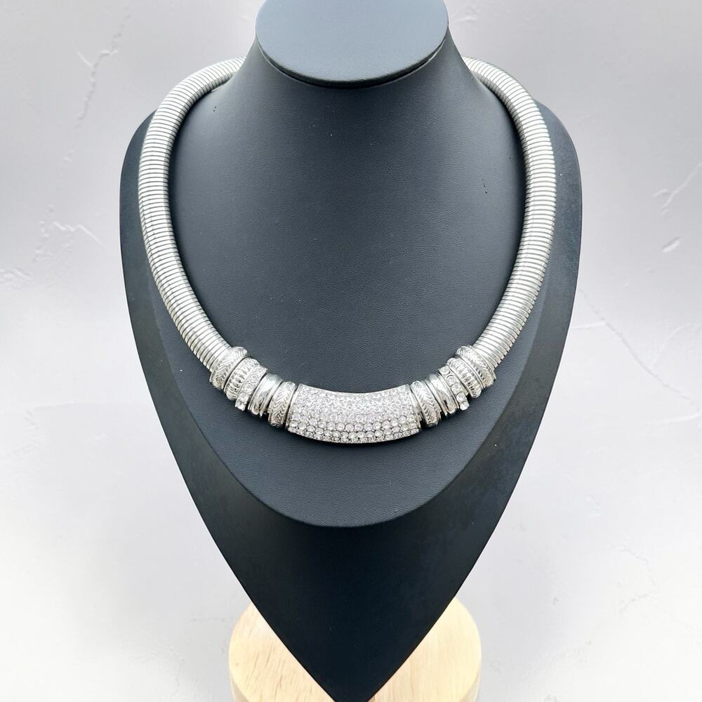 Silver Tone Snake Chain Necklace Clear Rhinestone Omega Cobra Layering Jewelry